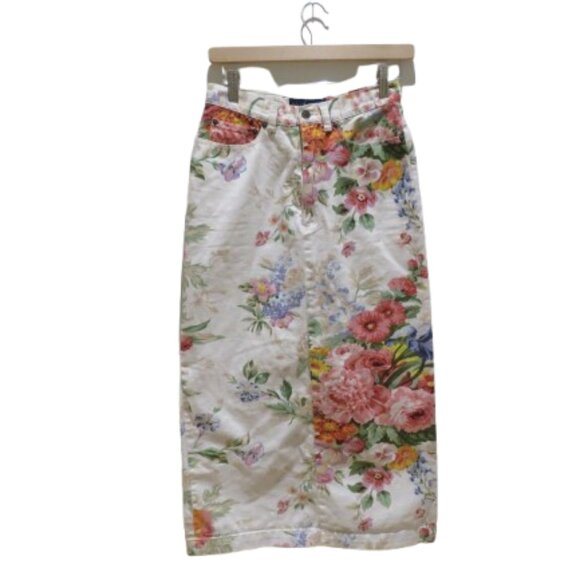 Polo Ralph Lauren Dresses & Skirts - VINTAGE RALPH LAUREN Floral Midi Pencil Skirt in White Denim Preppy Cottagecore